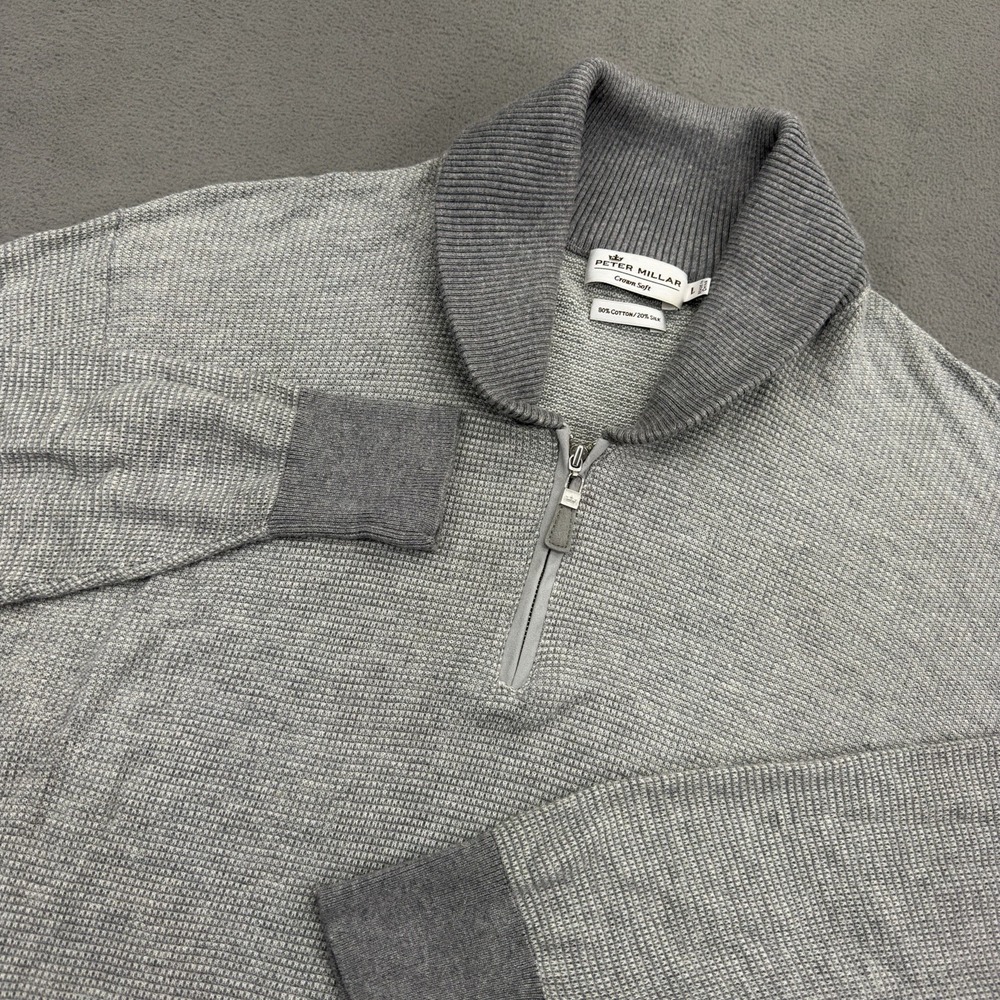 Peter Millar Crown Soft Silk Blend 1/4 Zip Sweater Mens L Gray Honeycomb Golf